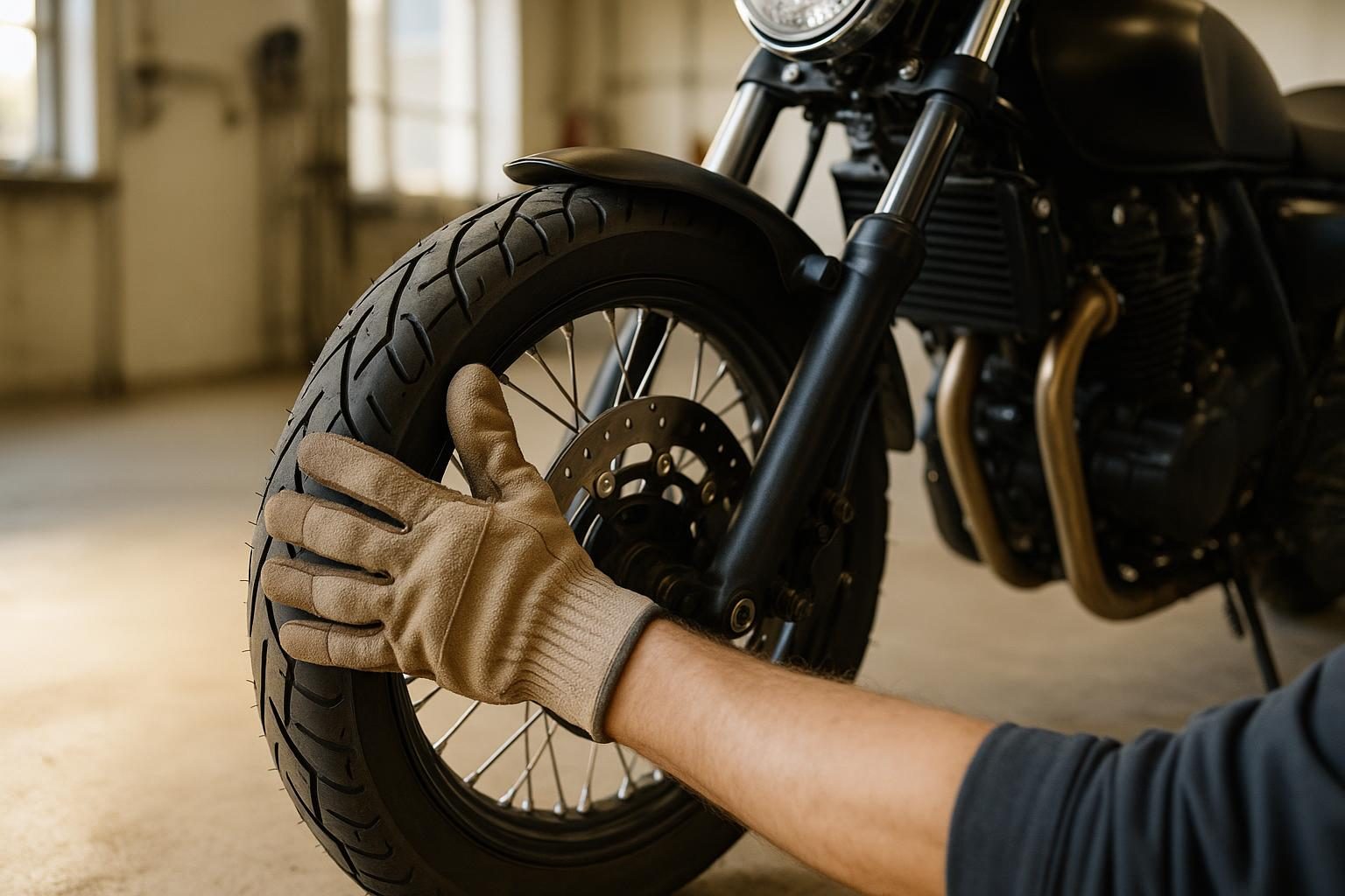 Handschuh prüft die Flanke eines 17-Zoll-Motorradreifens (KI-generiert, OpenAI)