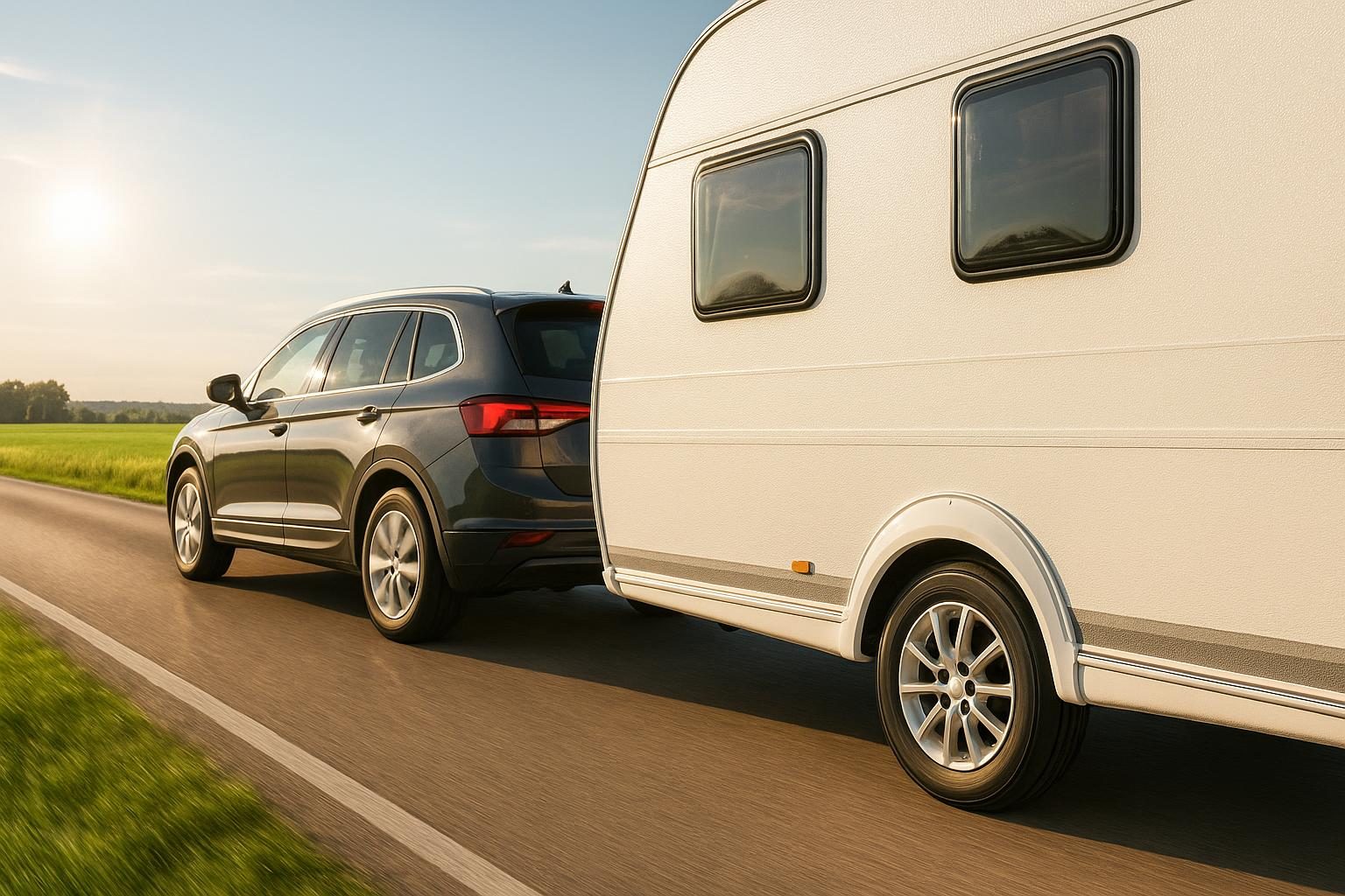 Auto mit weißem Wohnwagen auf sonniger Landstraße, Anhängerrad im Fokus (KI-generiert, OpenAI)