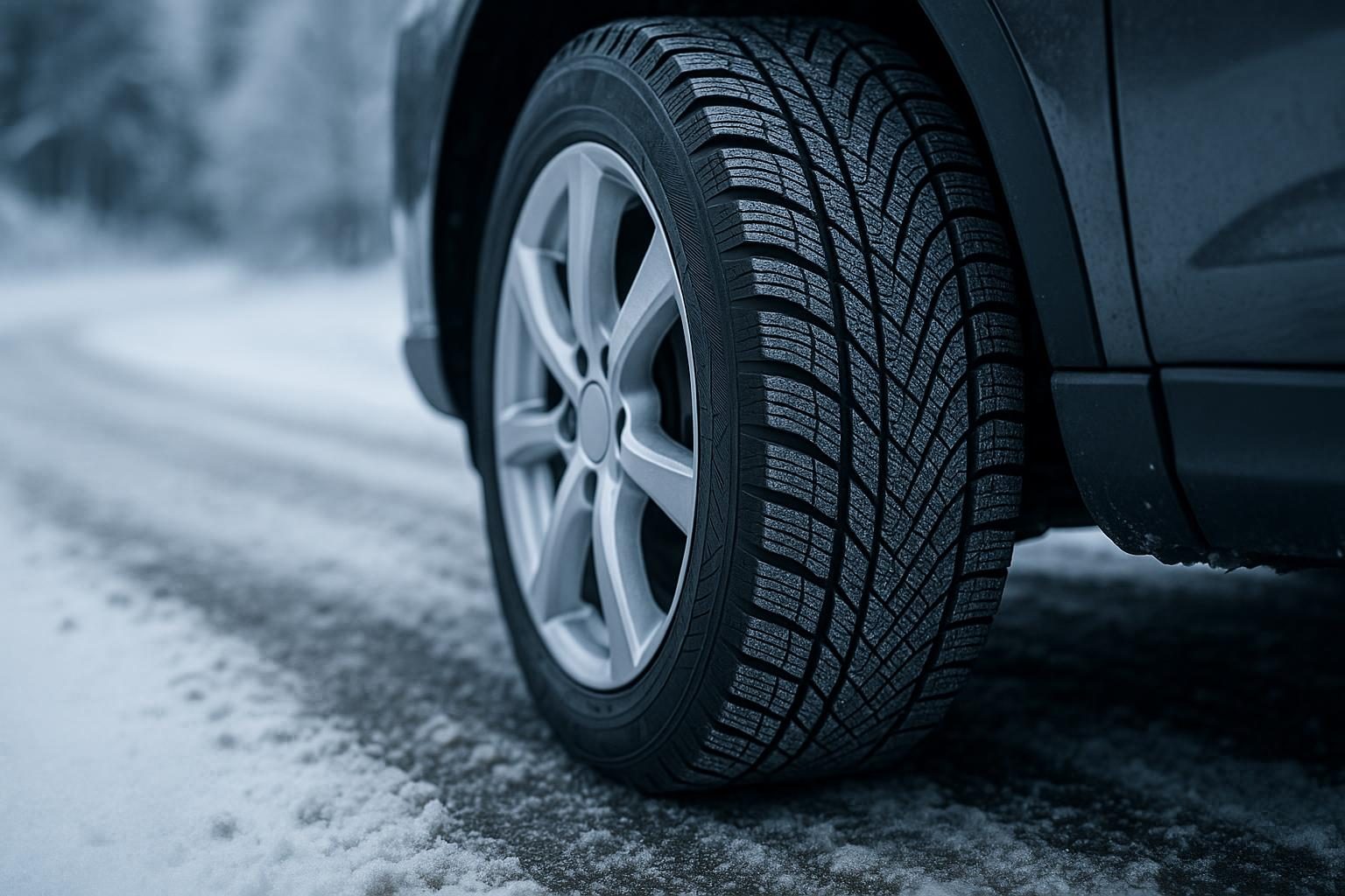 Winterreifen mit laufrichtungsgebundenem Profil im Schnee (KI-generiert, OpenAI)