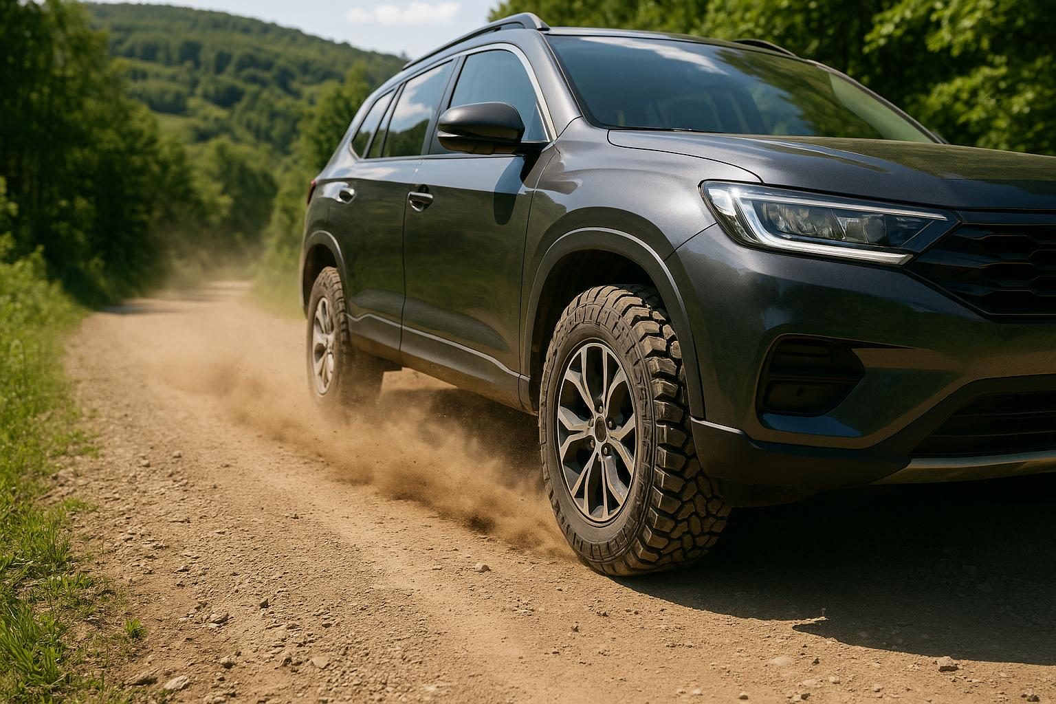 SUV mit grobstolligen All-Terrain-Reifen auf einer Schotterpiste (KI-generiert, OpenAI)