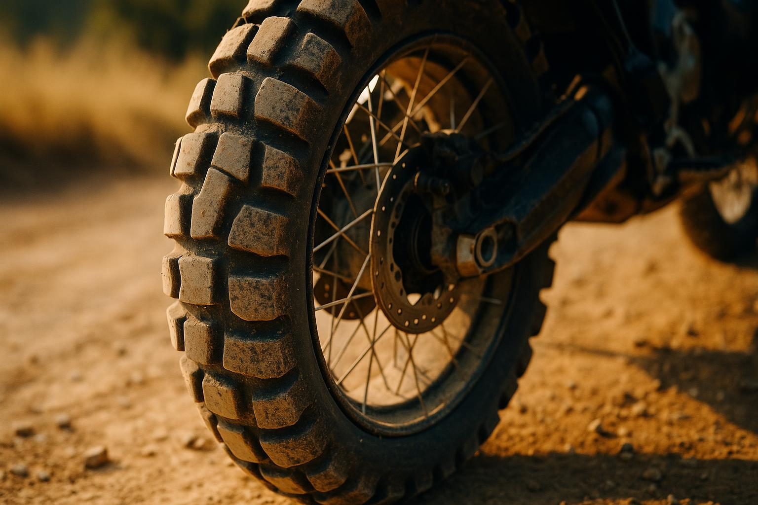 Grobstolliger Enduro-Motorradreifen einer Reiseenduro auf Schotterpiste (KI-generiert, OpenAI)