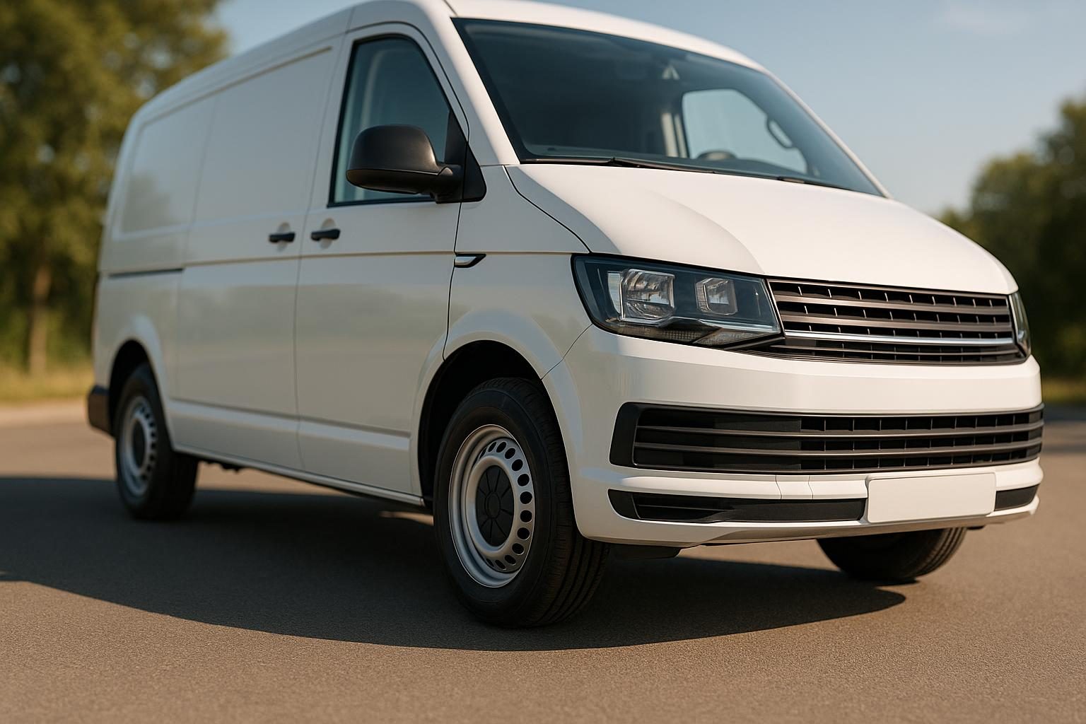 Weißer Transporter auf Sommerstraße, Van-Reifen im Fokus (KI-generiert, OpenAI)