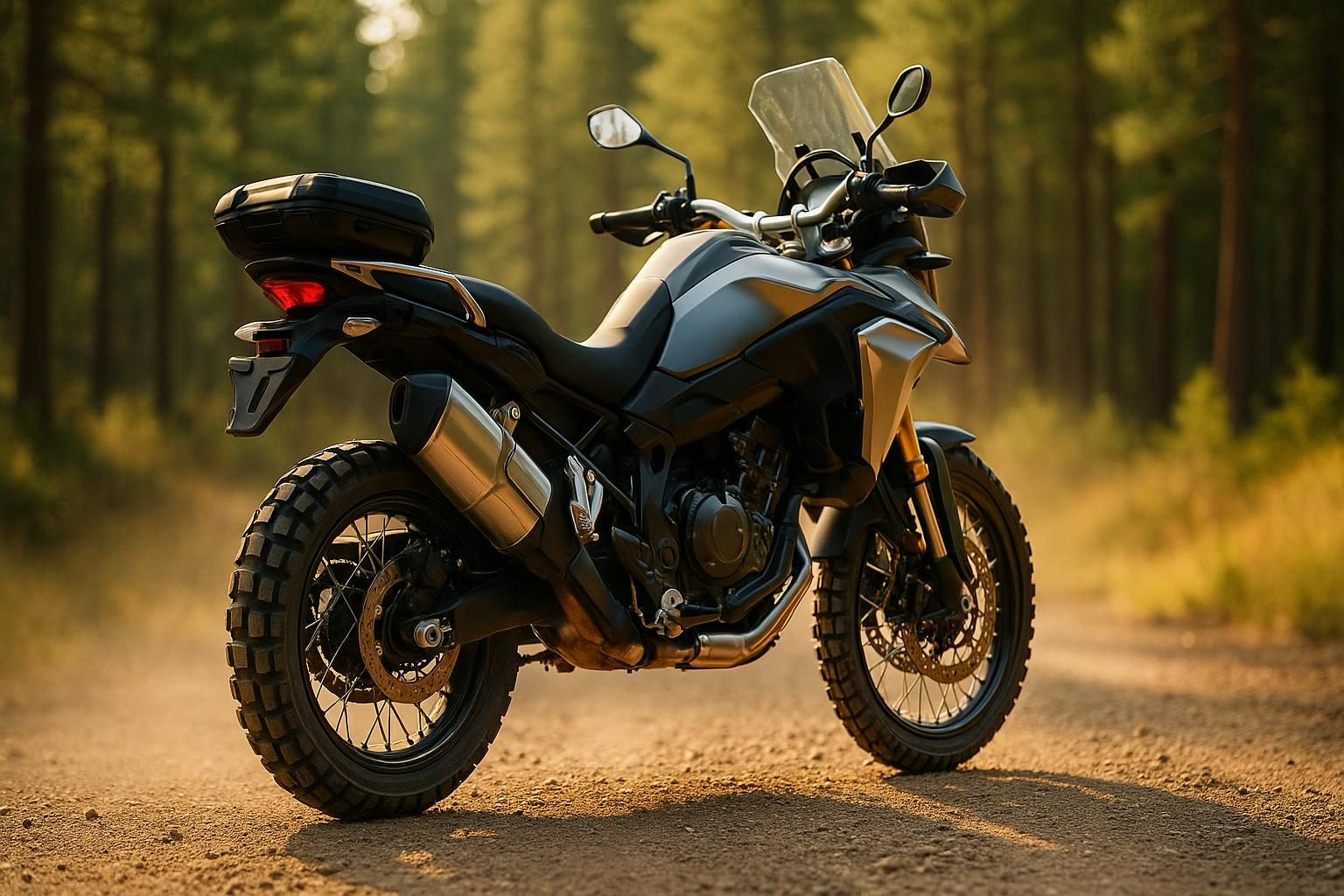Reiseenduro mit Adventure-Reifen auf einer Schotterpiste (Symbolbild, KI-generiert, OpenAI)