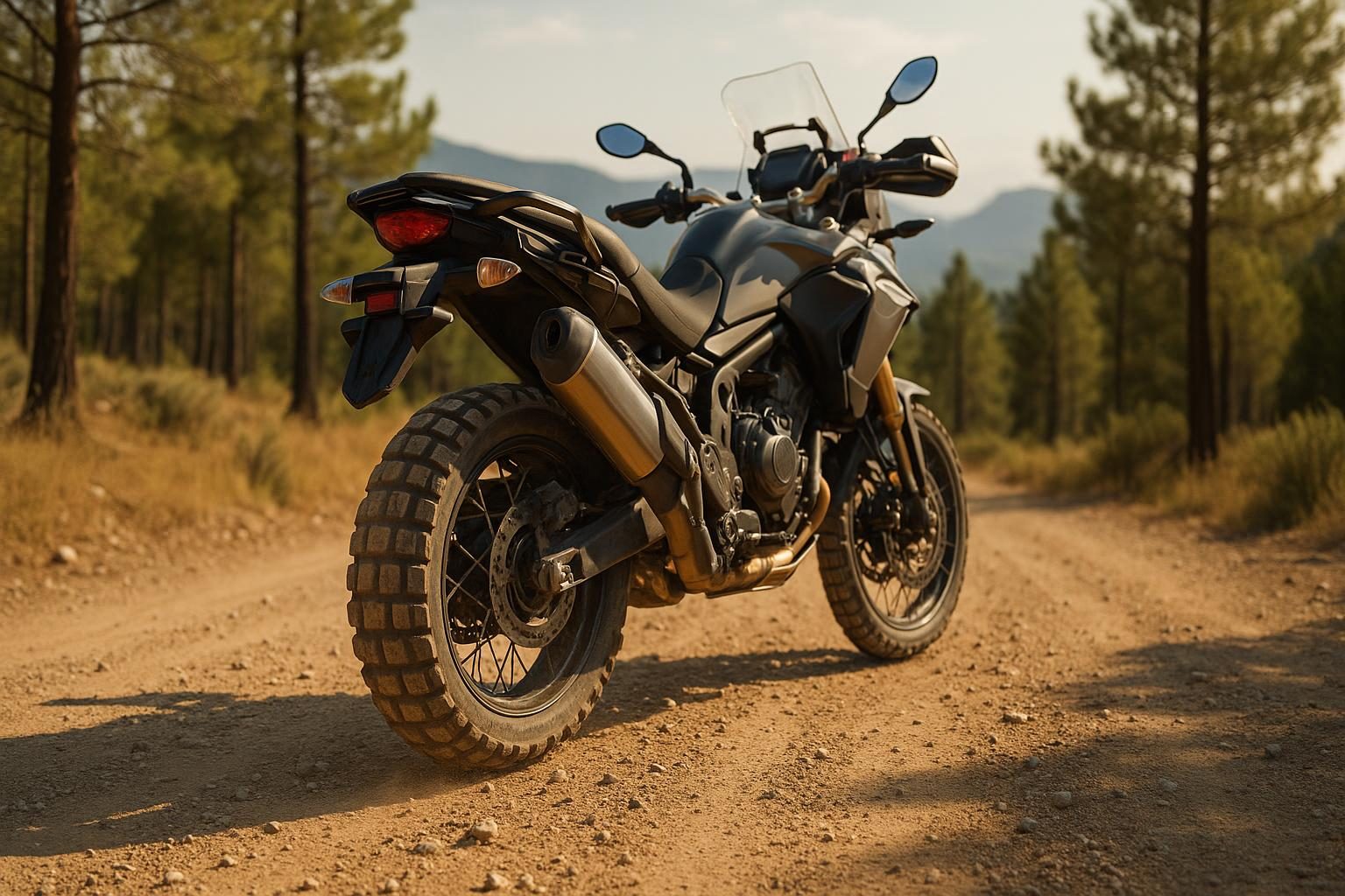 Adventure-Motorrad mit Dual-Sport-Reifen auf Schotterweg (KI-generiert, OpenAI)