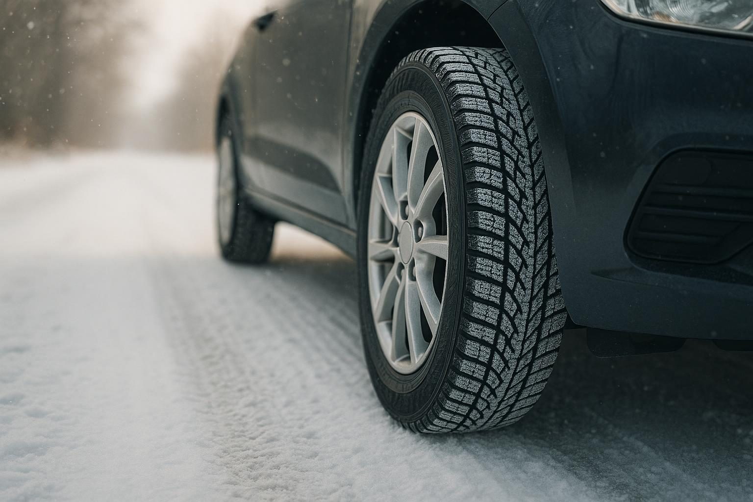 Winterreifen eines Kompaktwagens auf verschneiter Landstraße (KI-generiert, OpenAI)