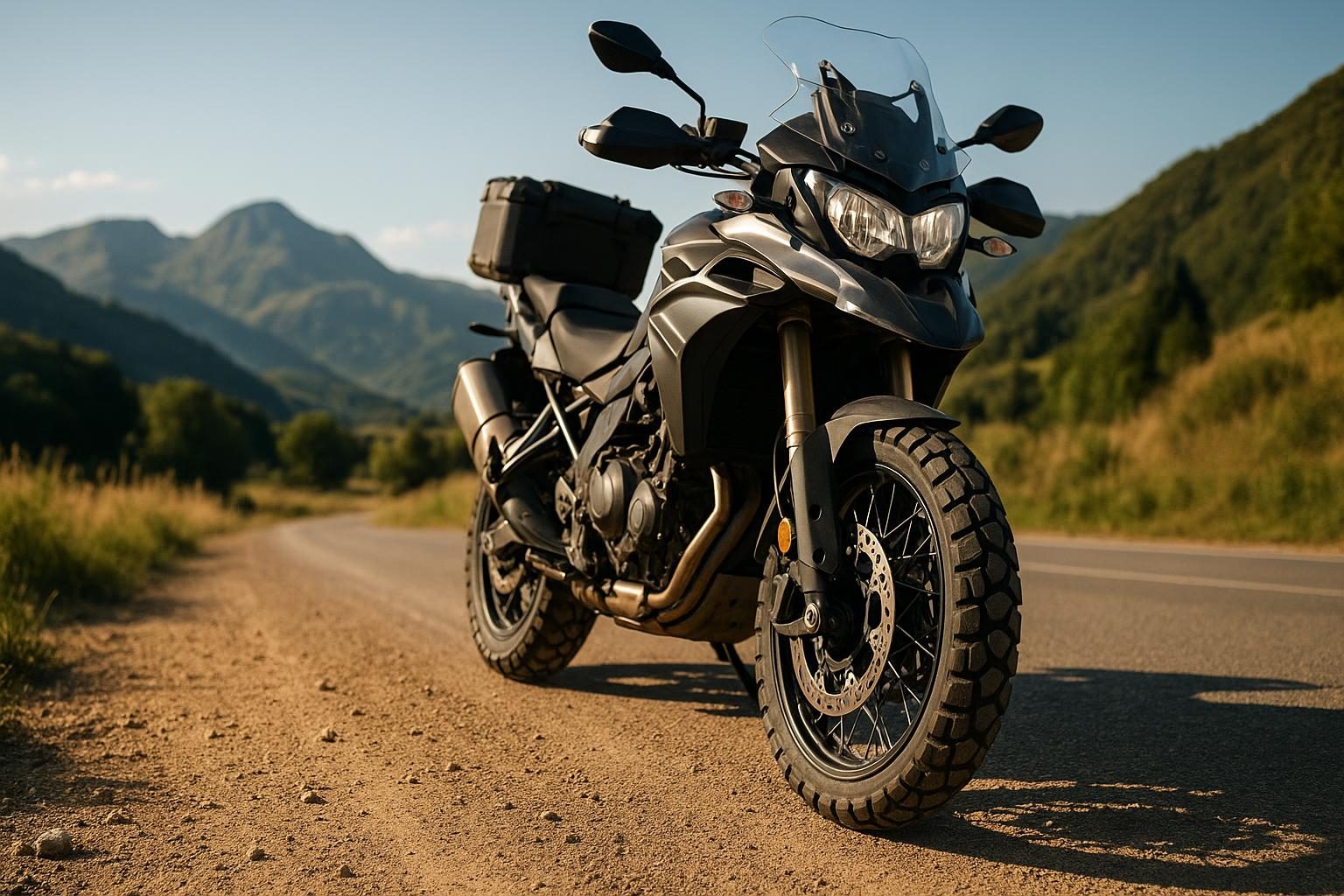 Reiseenduro mit Adventure-Touring-Reifen auf einer Landstraße (KI-generiert, OpenAI)