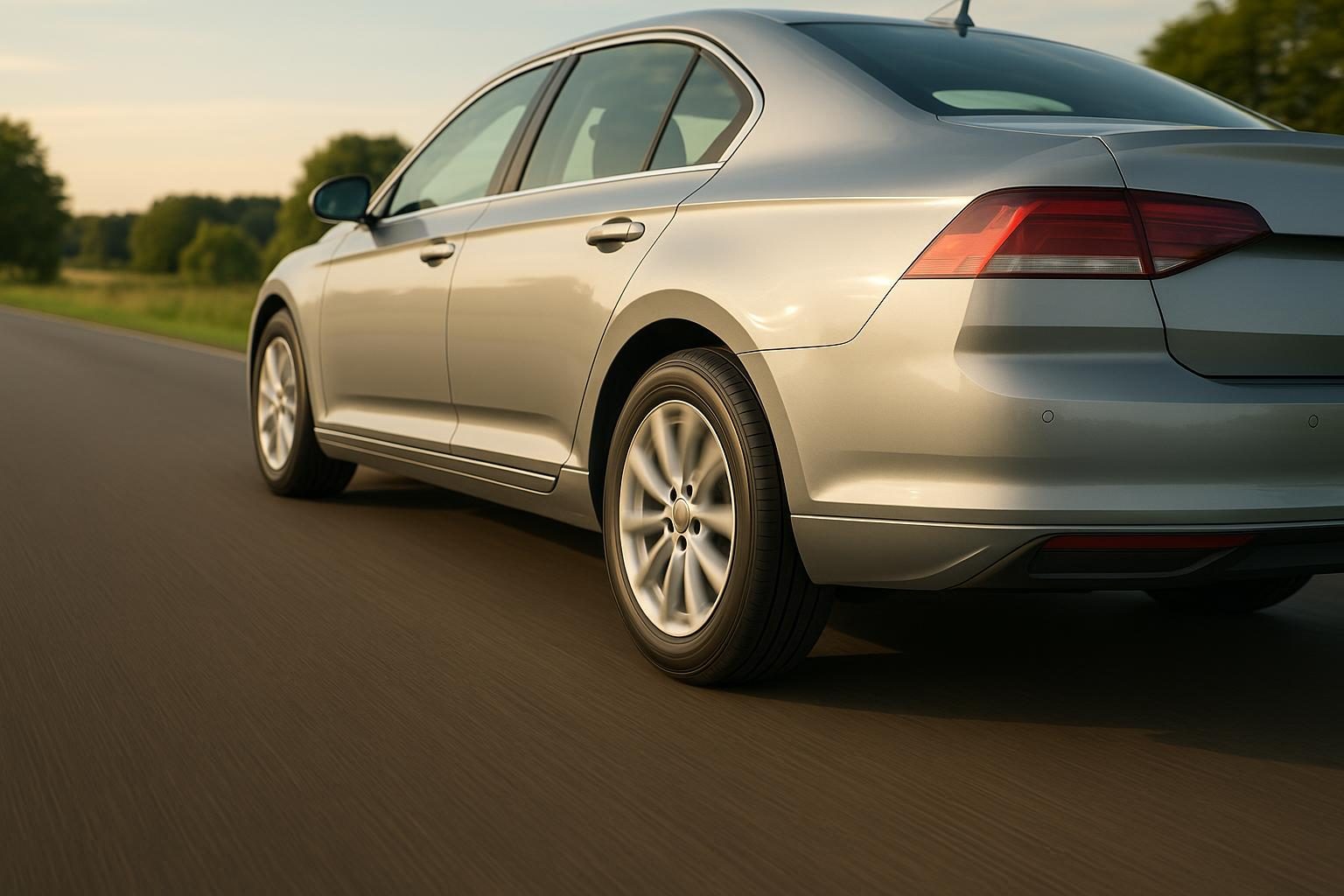 Limousine auf Sommerstraße, Fokus auf dem Hinterrad (KI-generiert, OpenAI)
