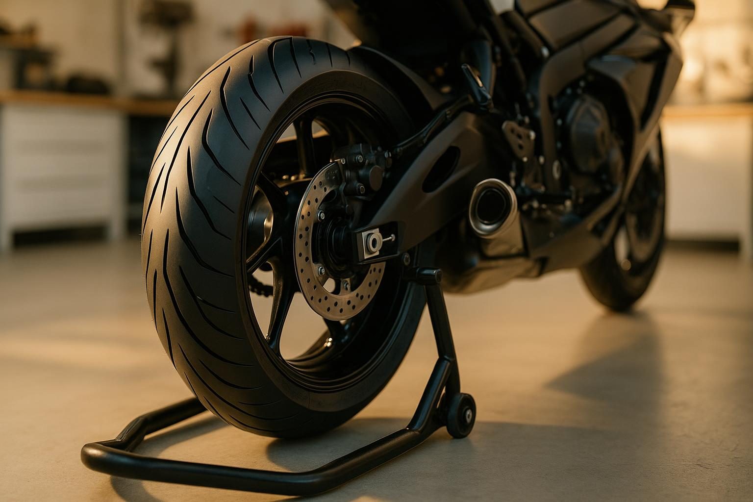 Motorrad-Hinterrad mit neuem Reifen auf dem Montageständer (KI-generiert, OpenAI)