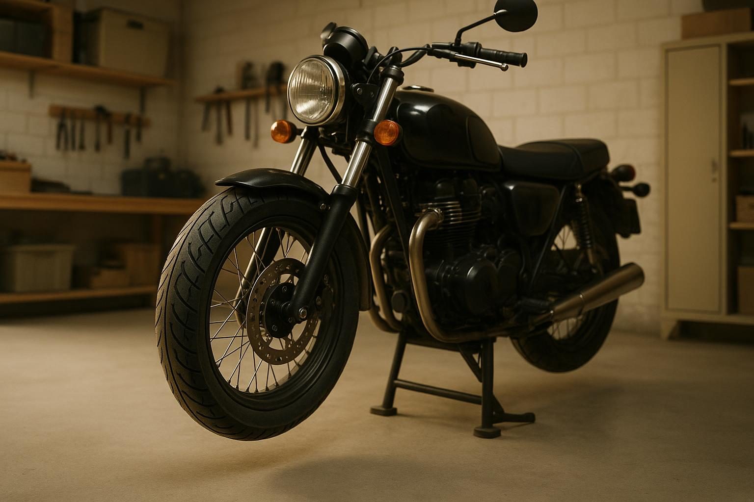 Motorrad auf Hauptständer in einer Garage, Vorderrad entlastet (KI-generiert, OpenAI)