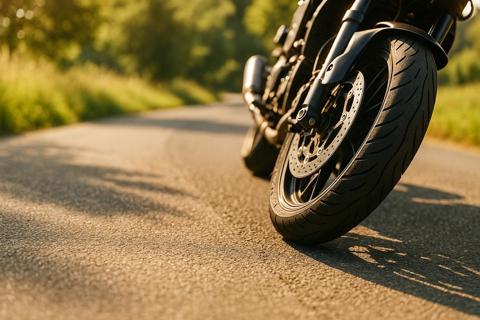 Motorrad-Vorderreifen in einer sonnigen Kurve auf warmem Asphalt (KI-generiert, OpenAI)