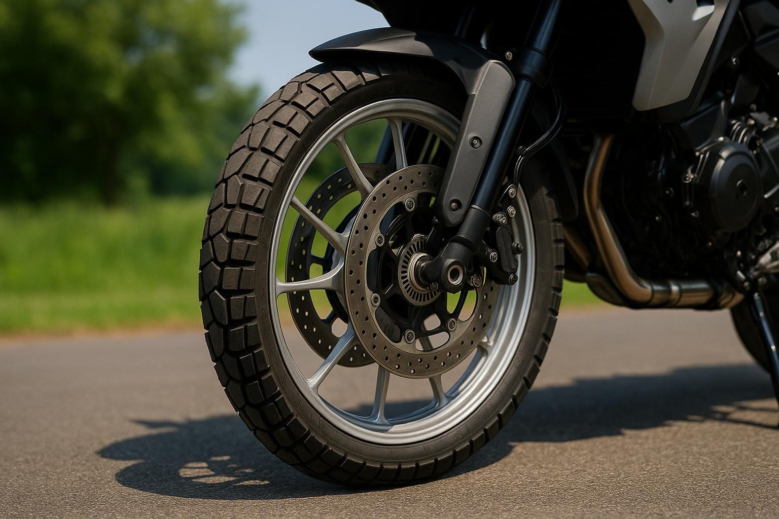 Vorderrad einer Reise-Enduro mit Adventure-Reifen in 110/80 R19 auf Asphalt (KI-generiert, OpenAI)