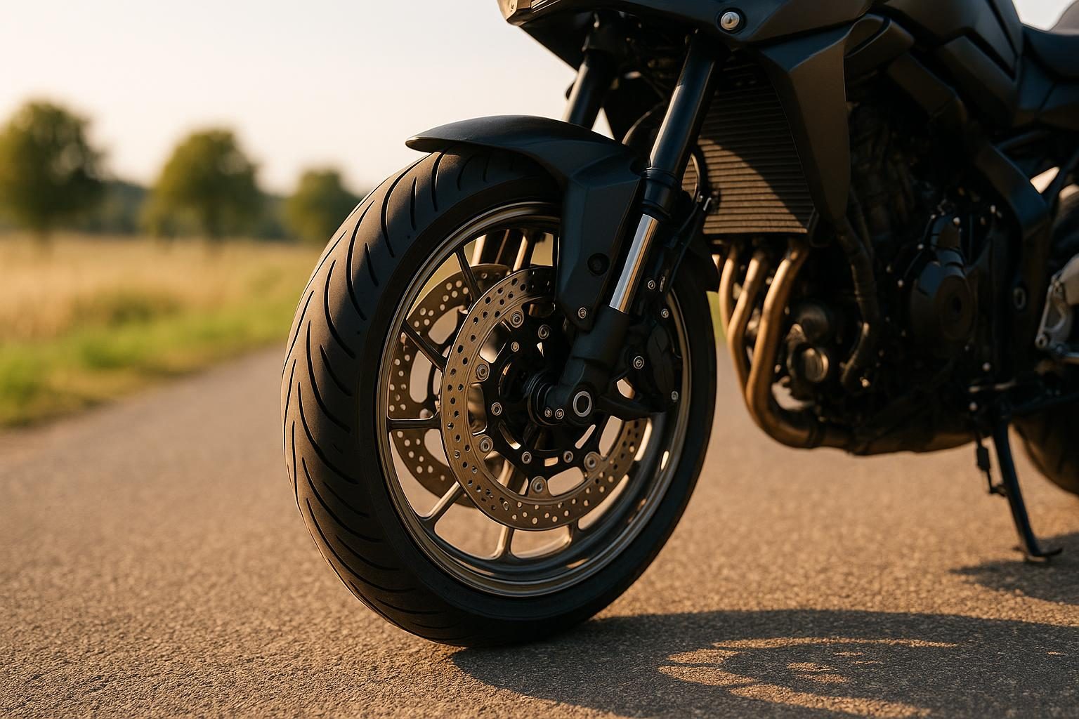 Vorderrad eines Naked Bikes mit 17-Zoll-Reifen (KI-generiert, OpenAI)