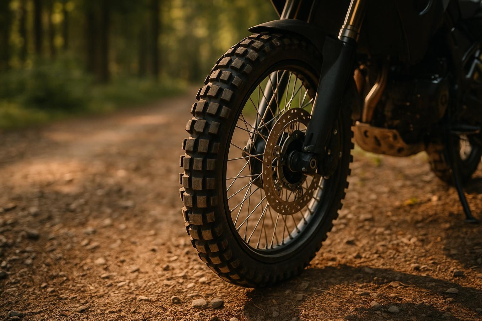 Vorderrad einer Reise-Enduro mit 90/90 R21 auf Schotter (KI-generiert, OpenAI)
