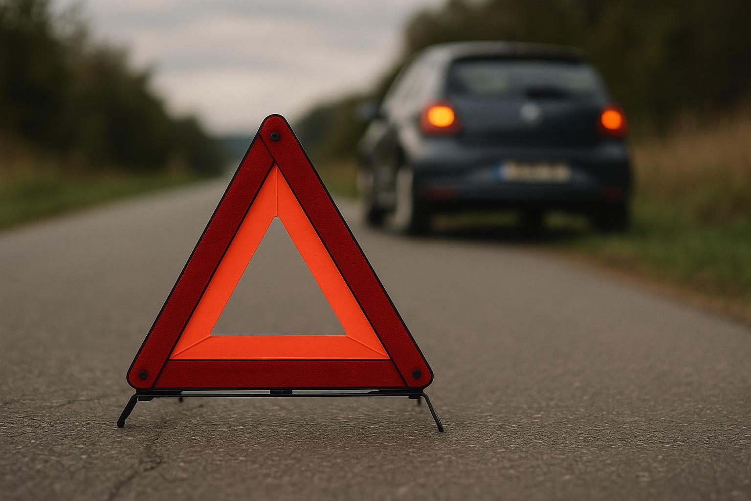 Warndreieck auf der Straße vor einem Auto mit Warnblinker (KI-generiert, OpenAI)