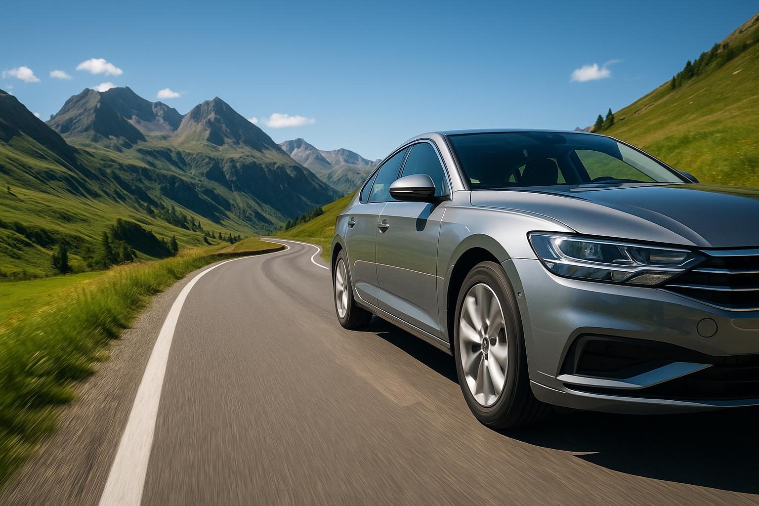 Auto auf einer Alpen-Passstraße im Sommer (KI-generiert, OpenAI)