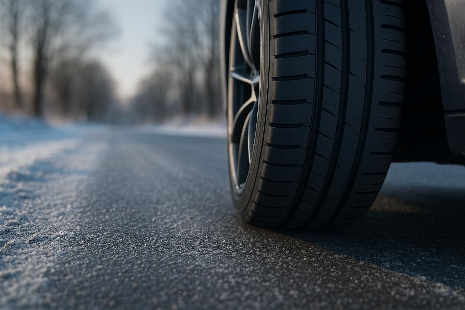 Sommerreifen auf frostiger Winterstraße mit Raureif (KI-generiert, OpenAI)