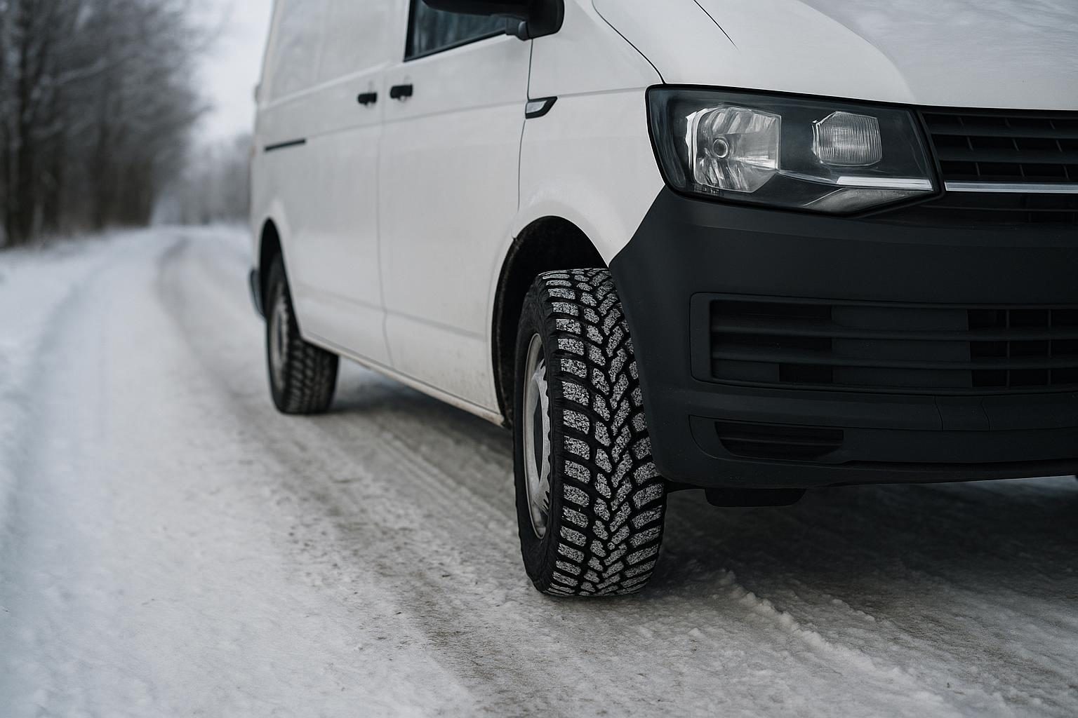 Weißer Transporter auf Schnee, Fokus aufs grobe Winter-Reifenprofil (KI-generiert, OpenAI)