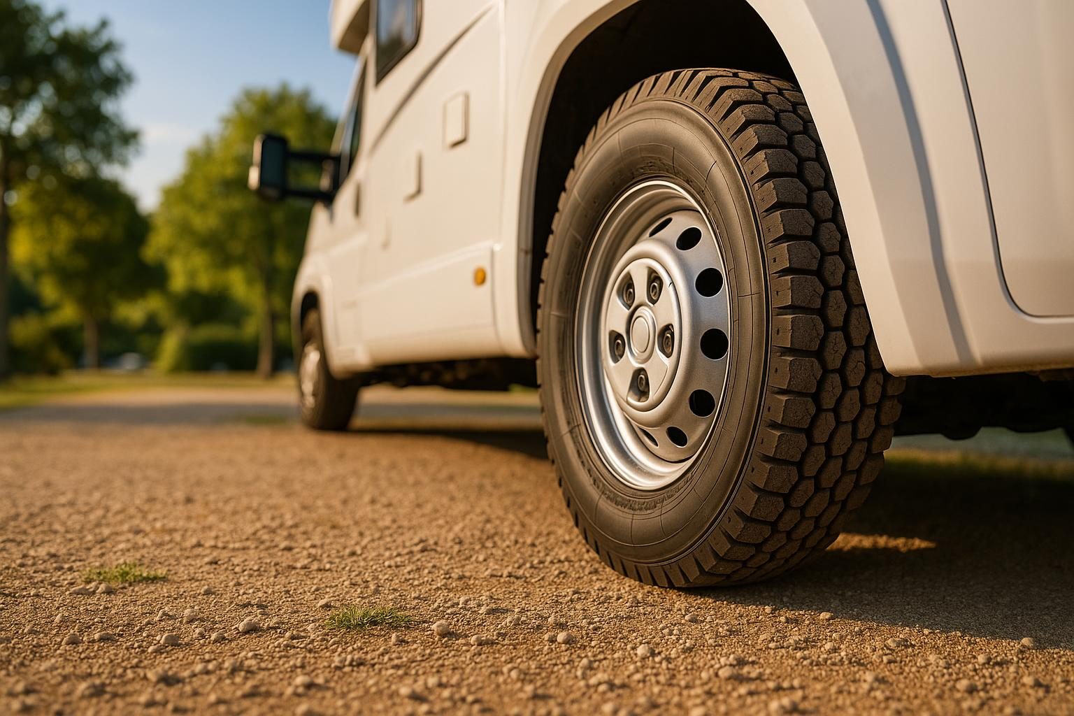 Weißes Wohnmobil mit robustem Transporterreifen auf einem Campingplatz (KI-generiert, OpenAI)